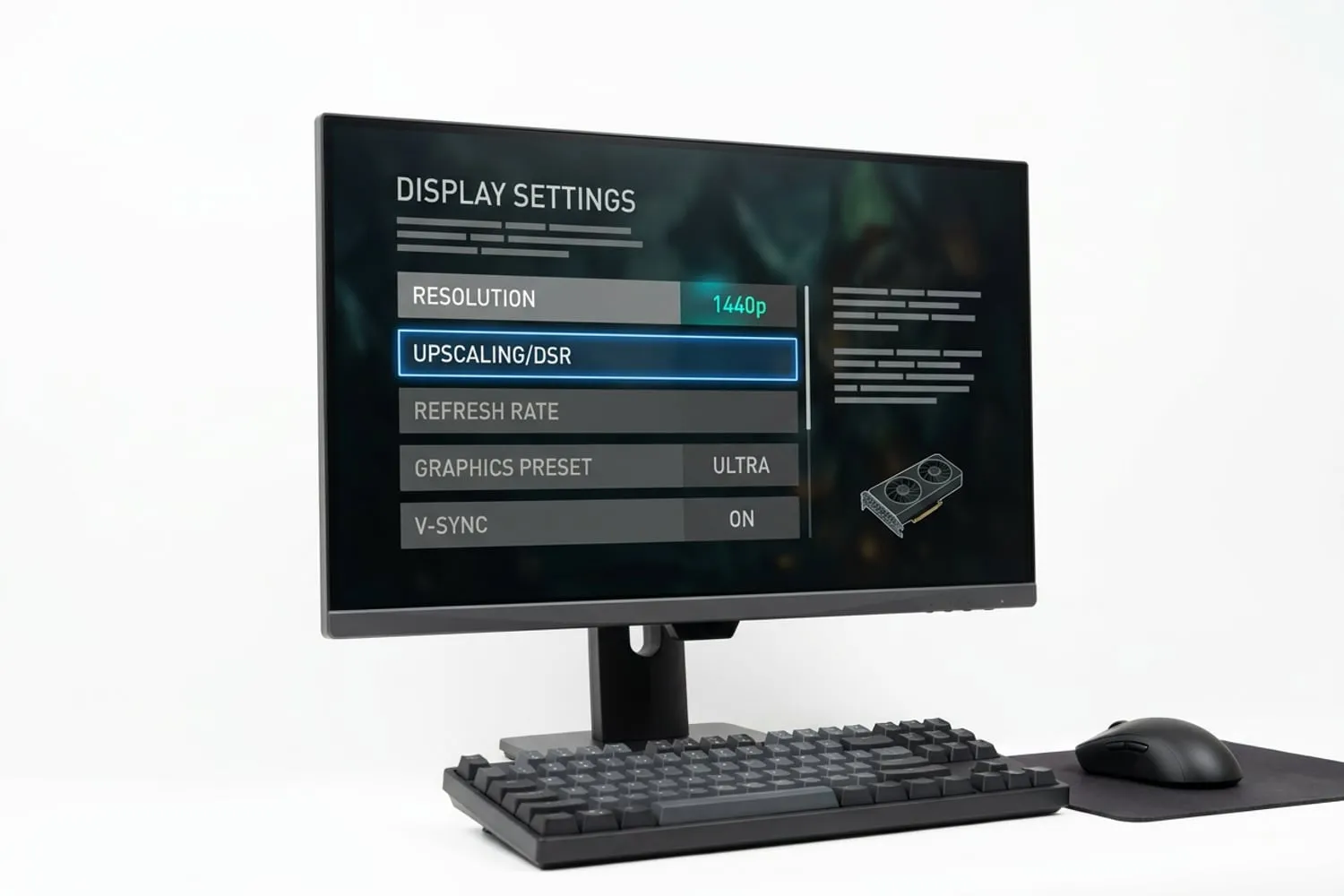 A 27-inch monitor on a desk showing a game’s graphics settings menu with the upscaling option highlighted, a keyboard and mouse in front of it