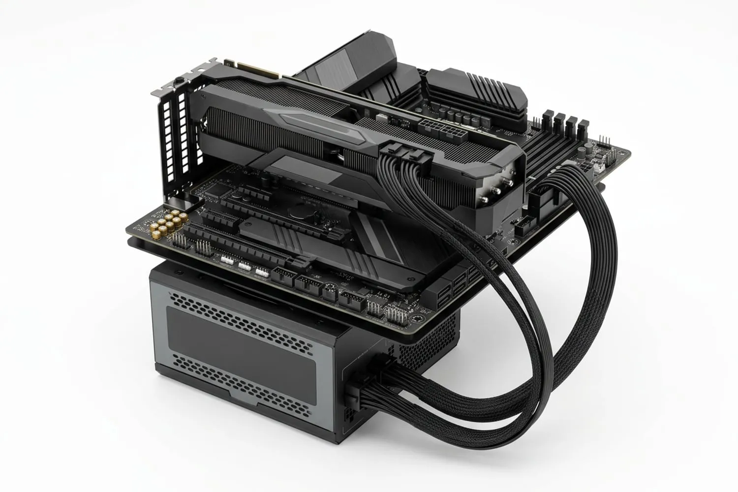 A graphics card fitted in an open PC case, its two 8-pin power sockets each filled by a separate black cable running down to the power supply