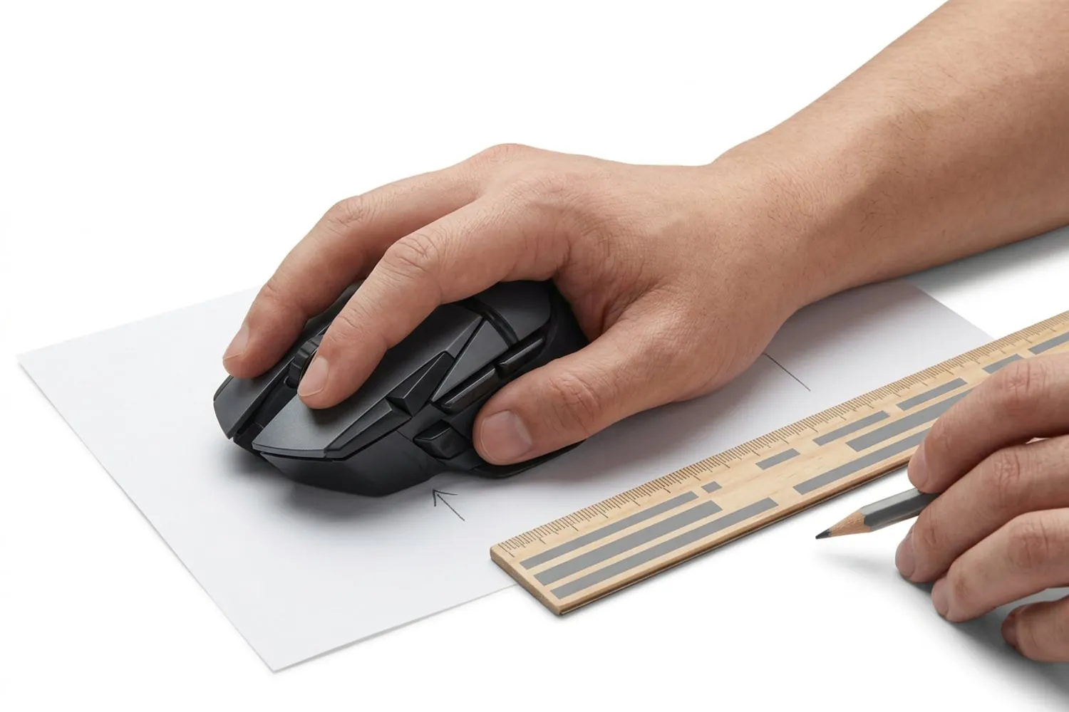 A hand in a palm grip on a dark mouse beside a ruler, a pencil mark on a sheet of paper under the heel of the palm