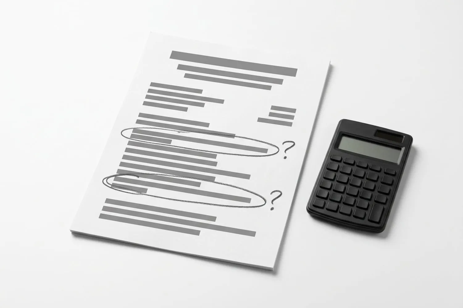 A printed prebuilt PC listing on a desk, the power supply and motherboard lines circled in pencil with question marks, a calculator beside it
