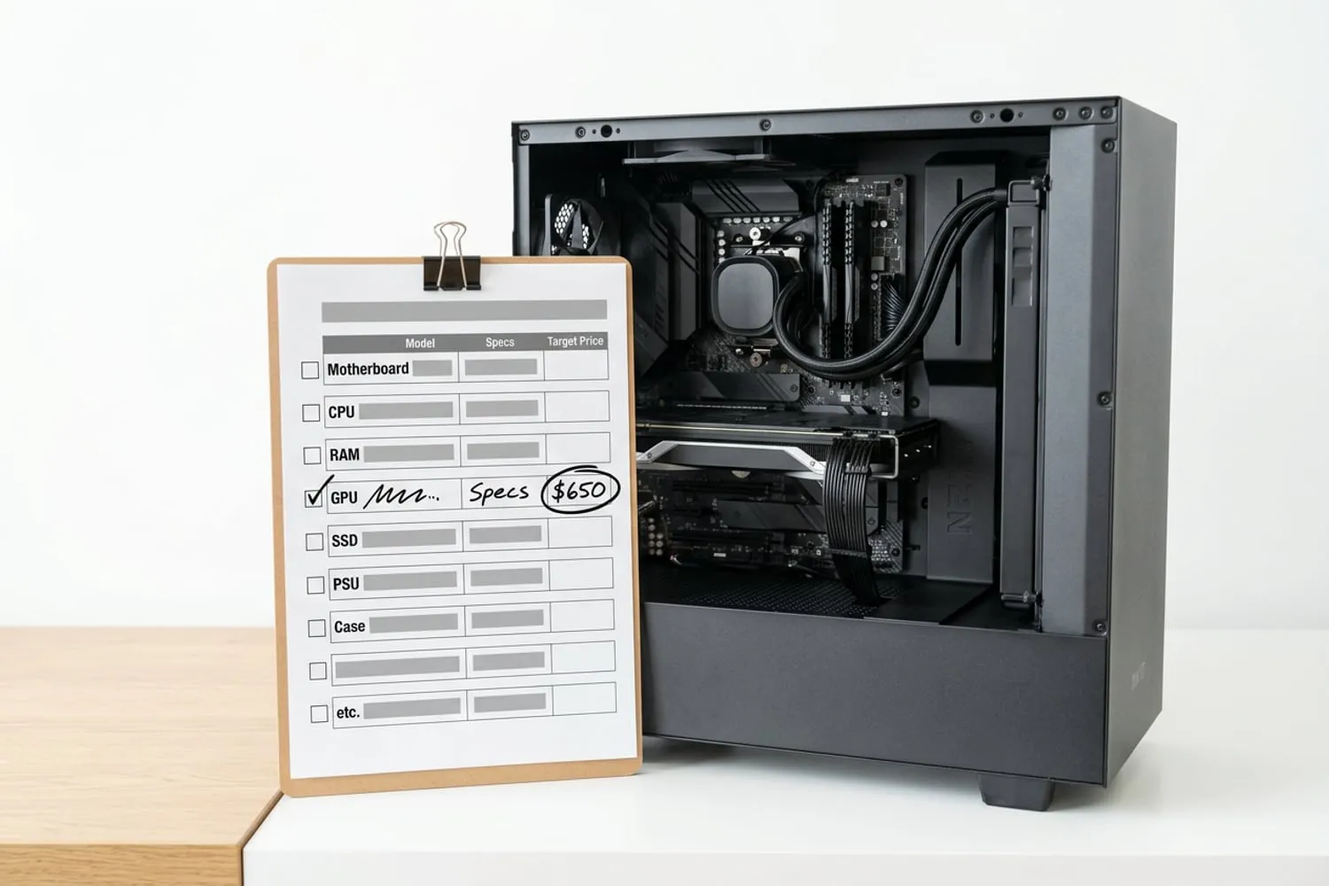 A printed upgrade tracker clipped to a desk beside an open PC case, the graphics card row filled in by hand with a target price circled