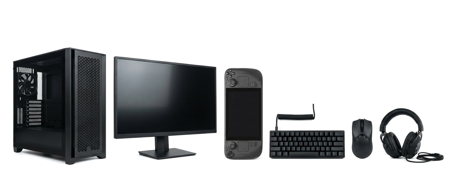 A row of gaming hardware on white: a PC tower, a monitor, a handheld, a mechanical keyboard, a mouse and a headset.