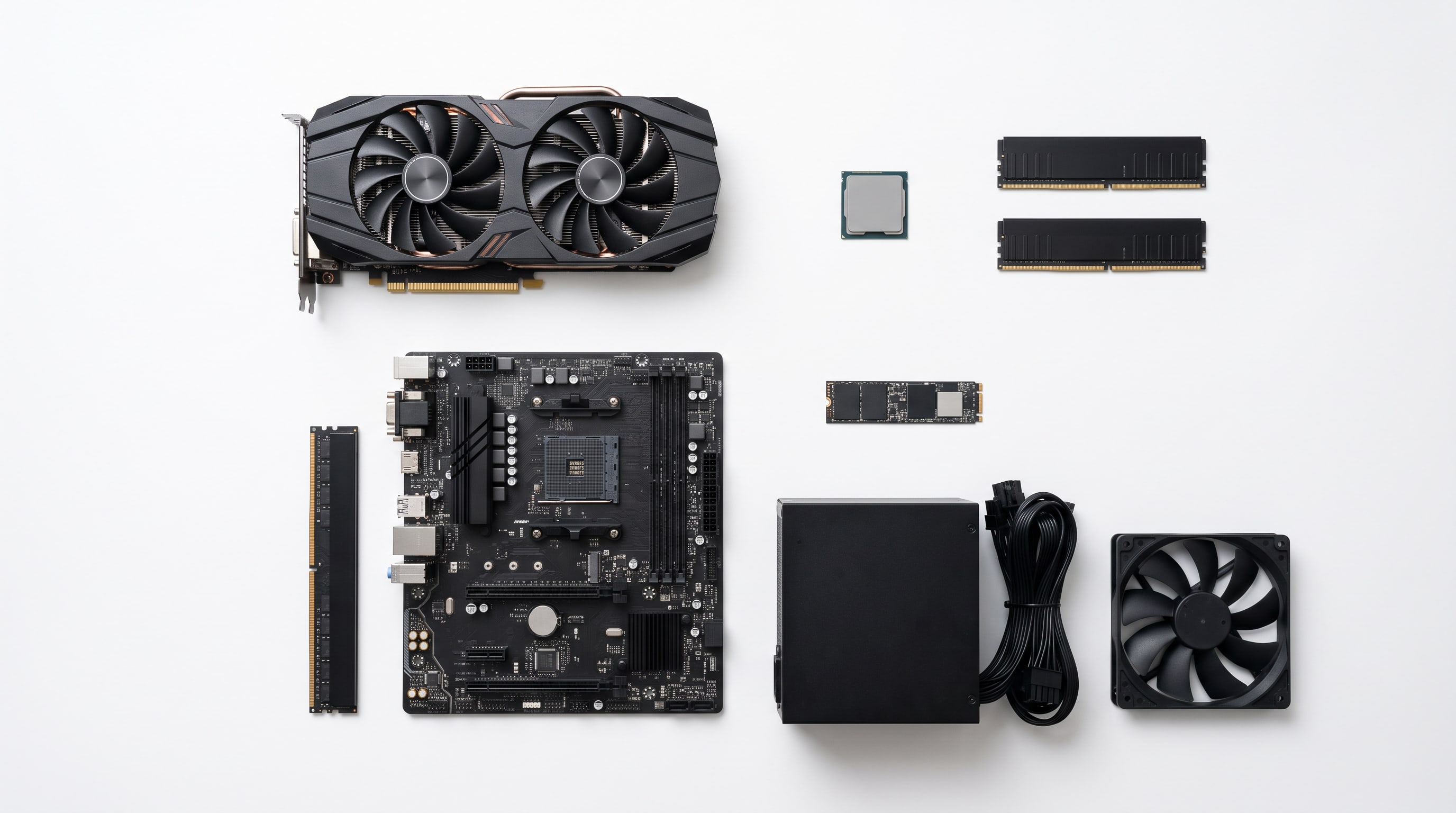 The seven parts of one gaming PC build laid out in a neat grid on white: graphics card, motherboard, processor, two memory sticks, an SSD, a power supply and a case fan