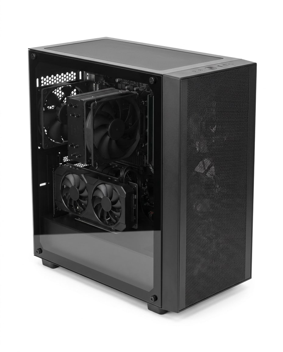 A compact mesh-front PC tower with a glass side panel showing one dual-fan graphics card, cut out on white
