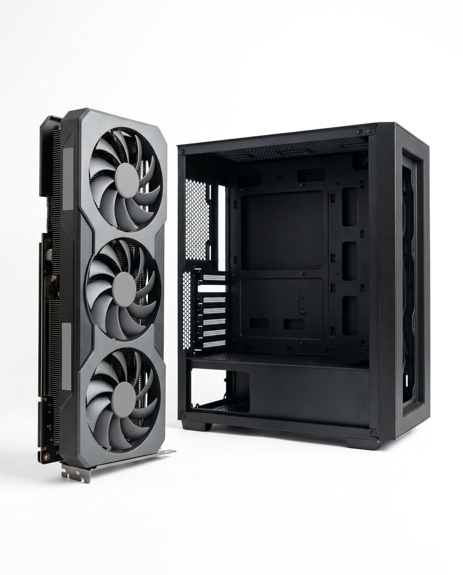 A large triple-fan graphics card standing on its edge in front of an open PC case, cut out on white