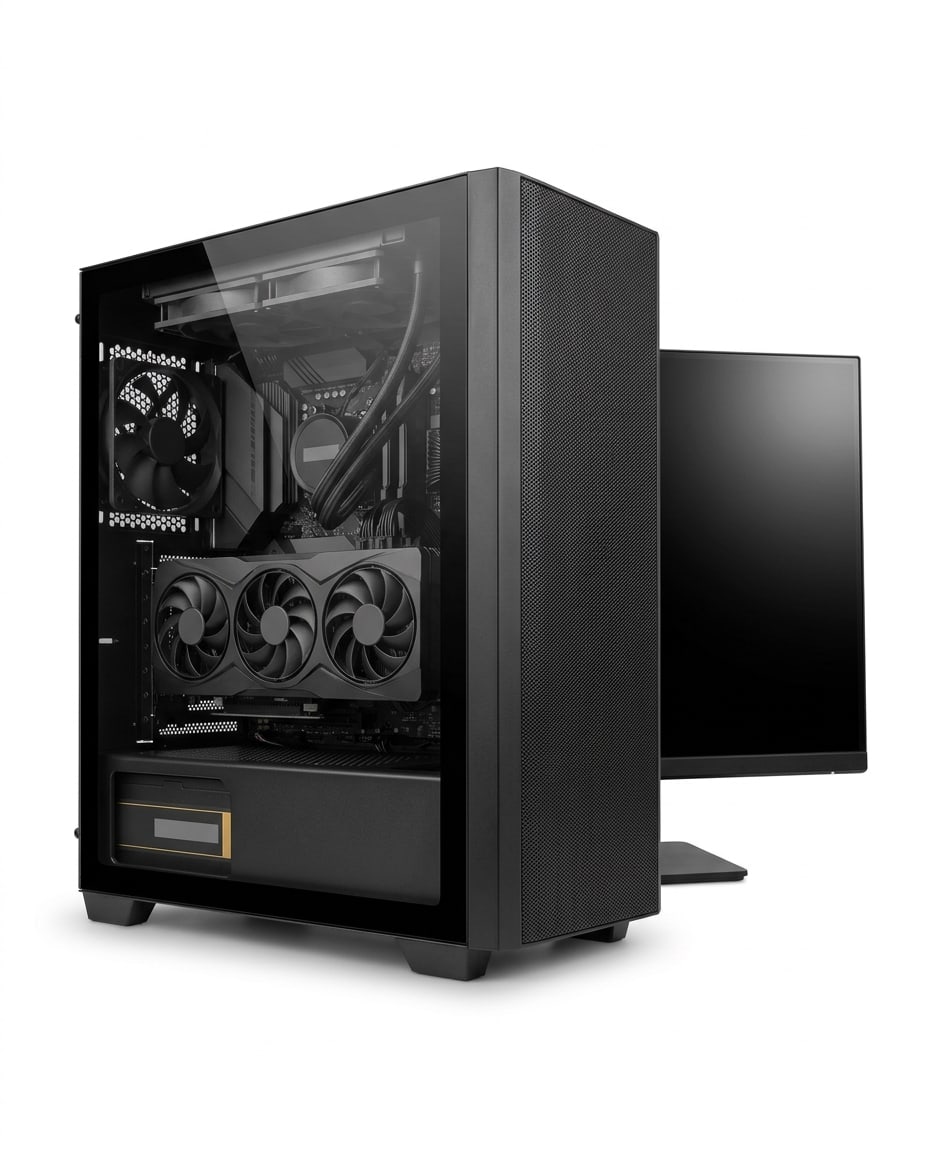 A finished mid-tower gaming PC with a glass side panel beside a 27-inch flat monitor on a slim stand, cut out on white