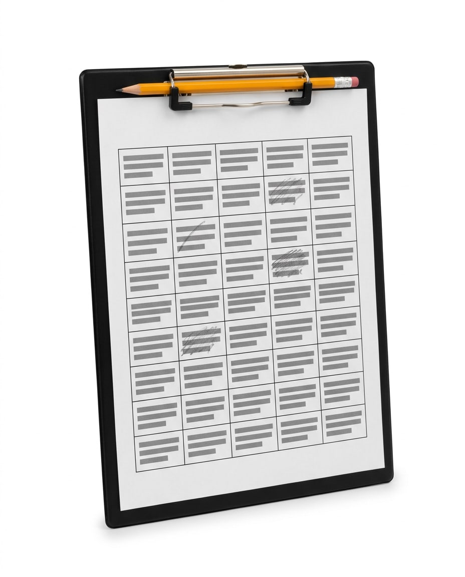 A clipboard holding a printed parts table with some rows filled in by pencil, a pencil clipped to it, cut out on white