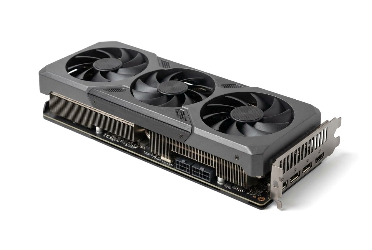A triple-fan desktop graphics card with a dark grey shroud, cut out on white.