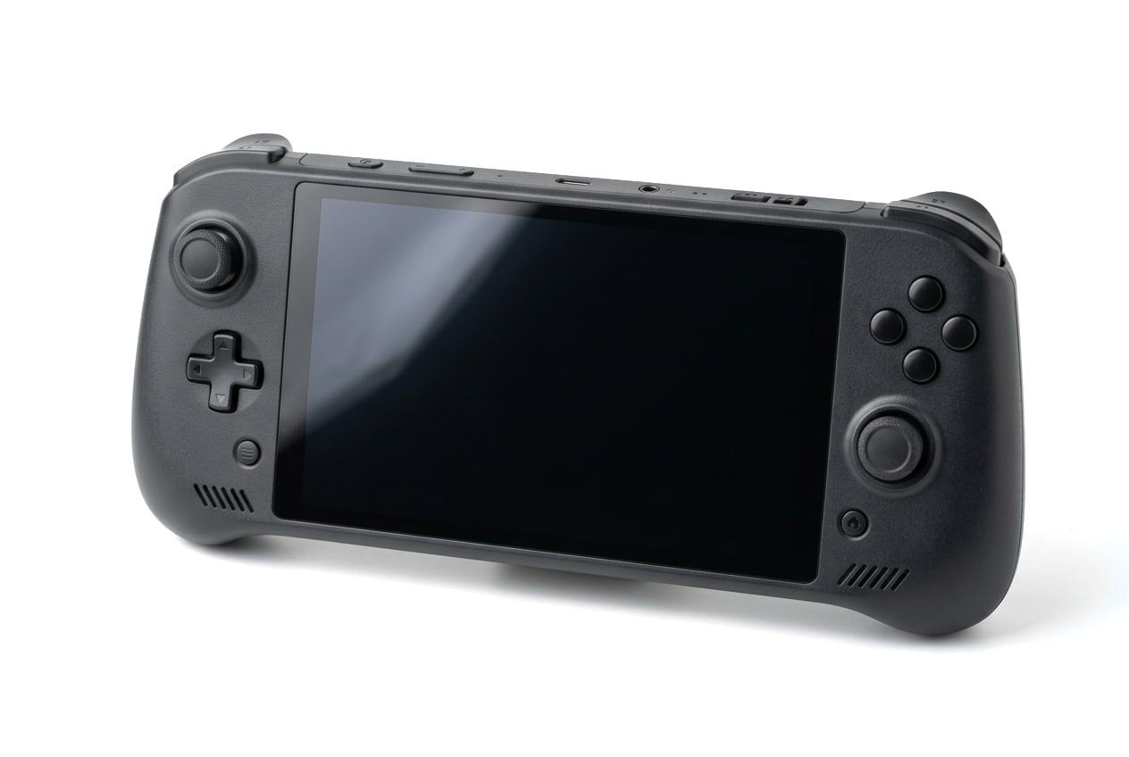 A handheld gaming PC with two thumbsticks and a dark screen, cut out on white.