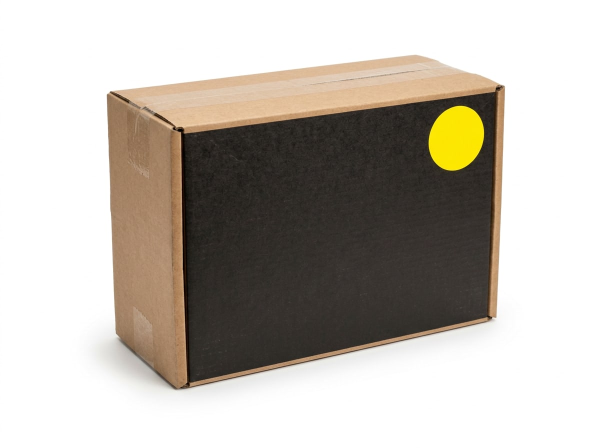 A sealed plain cardboard retail box for a graphics card with a blank yellow sale sticker on its corner, cut out on white.