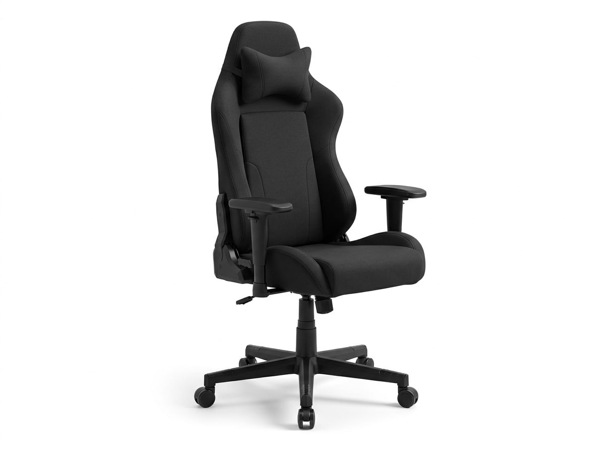 A black fabric gaming chair with a high back and adjustable armrests, cut out on white.