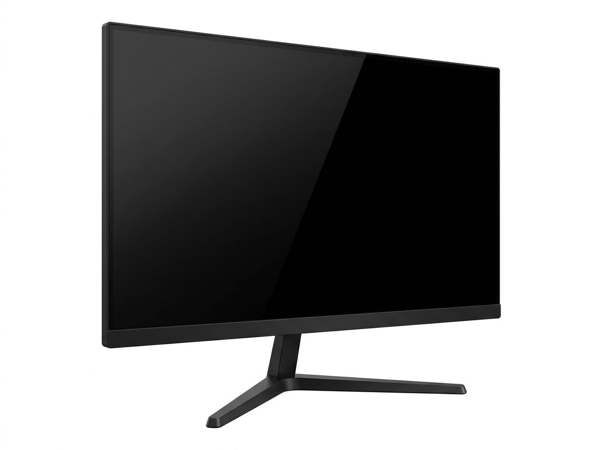 A flat gaming monitor on a slim stand, the screen dark, cut out on white.