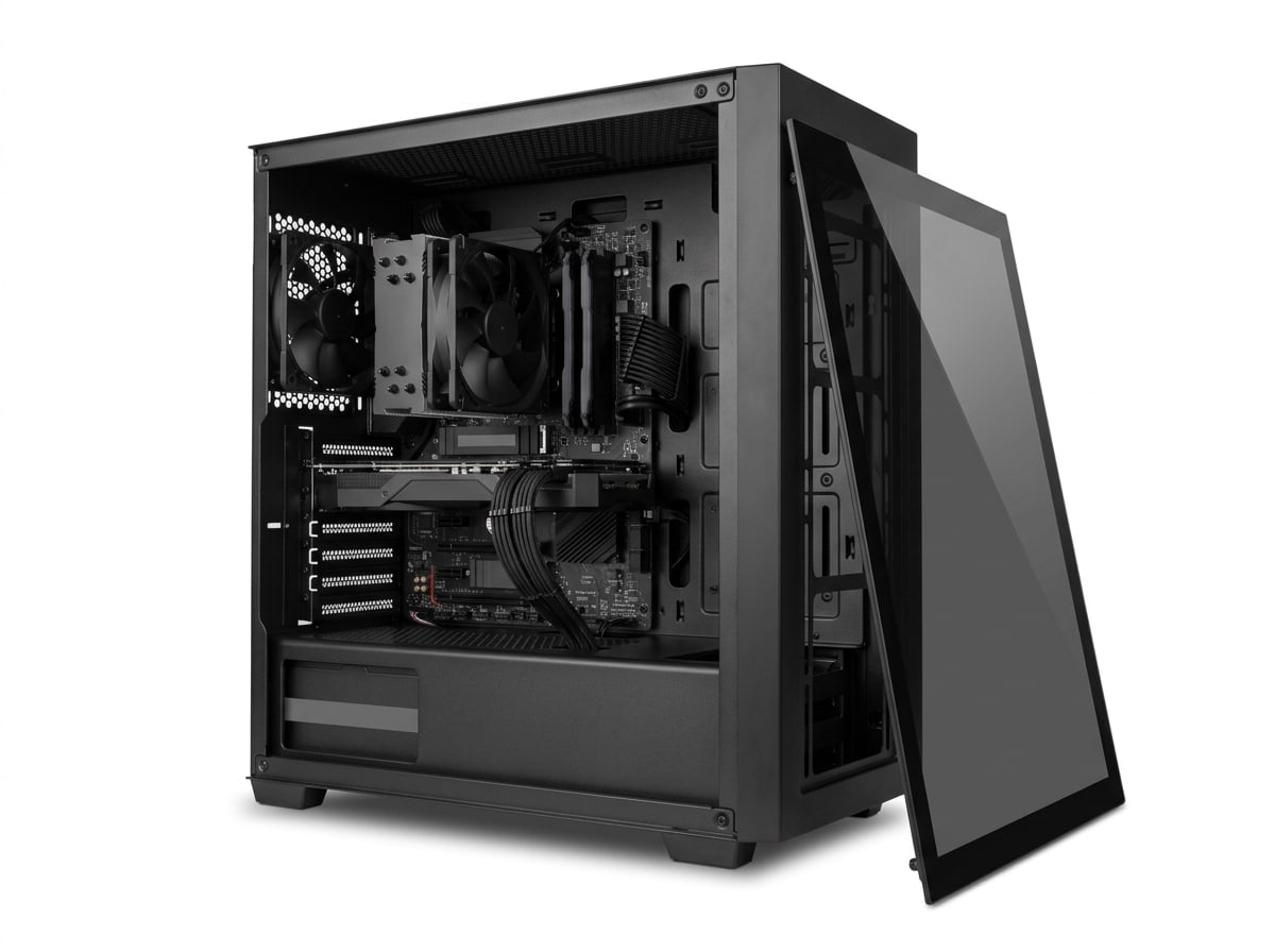 An open mid-tower PC case with its glass side panel leaning against it, the motherboard and graphics card fitted, cut out on white.