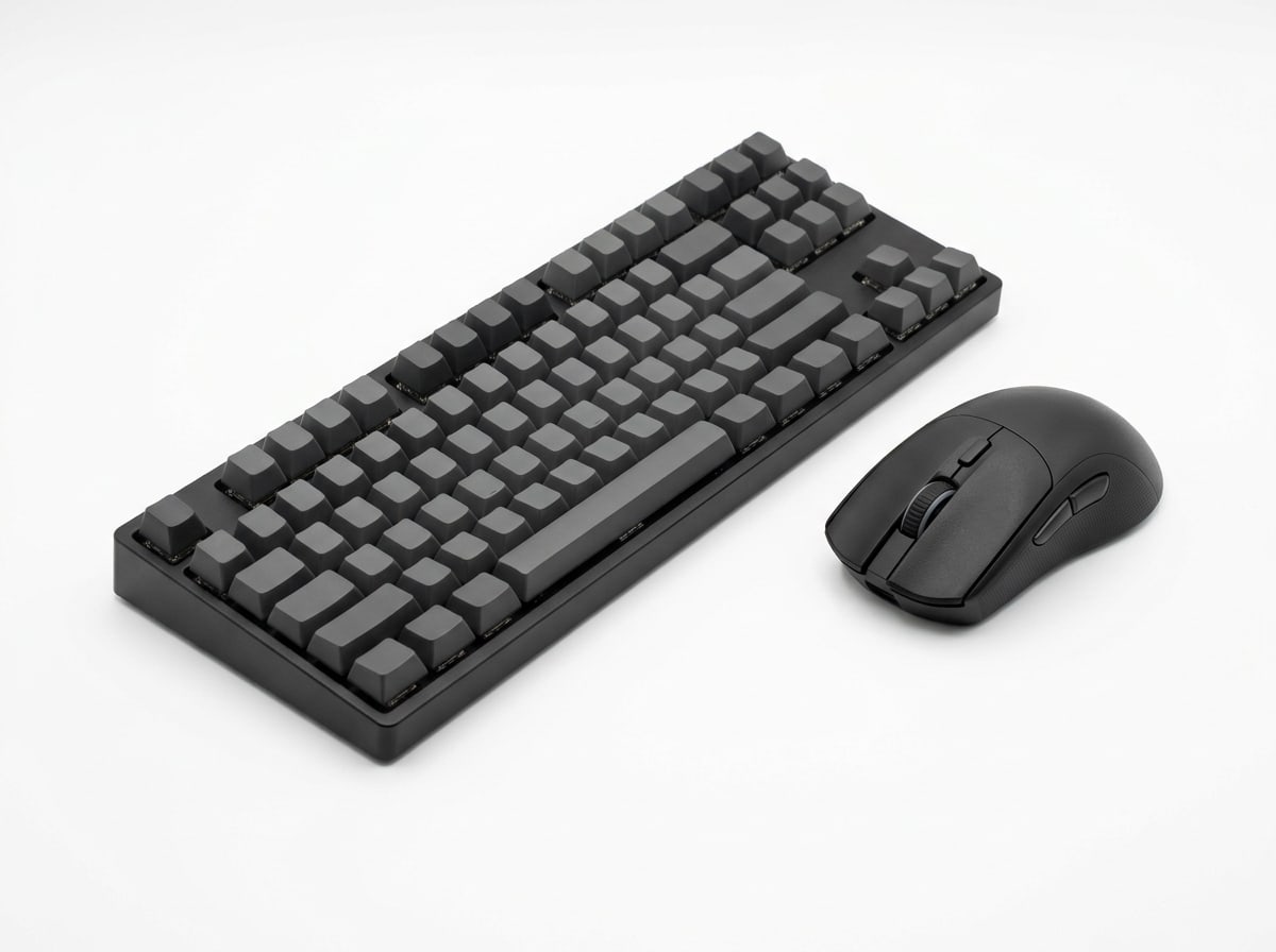 A black gaming mouse beside a compact mechanical keyboard, cut out on white.
