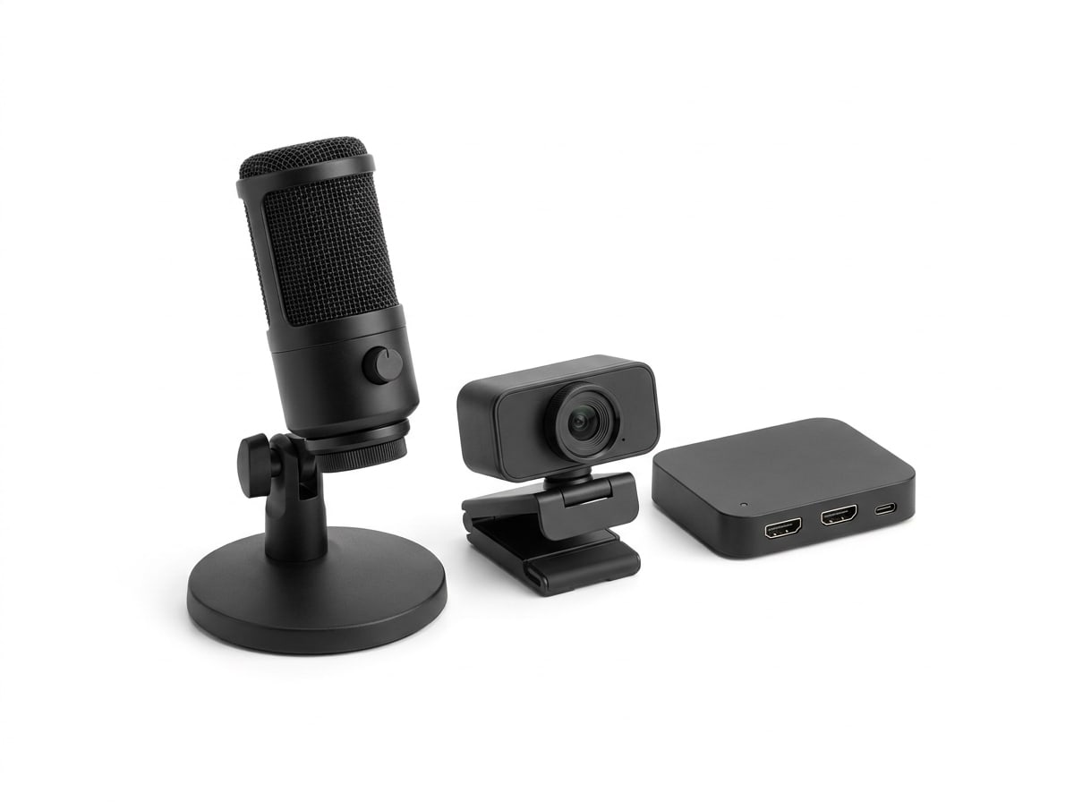 A black USB microphone on a short desk stand beside a small webcam and a capture card, cut out on white.