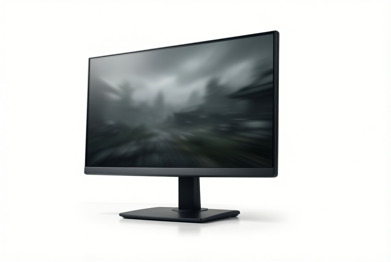 A dark grey gaming monitor on a white background showing a blurred game scene.