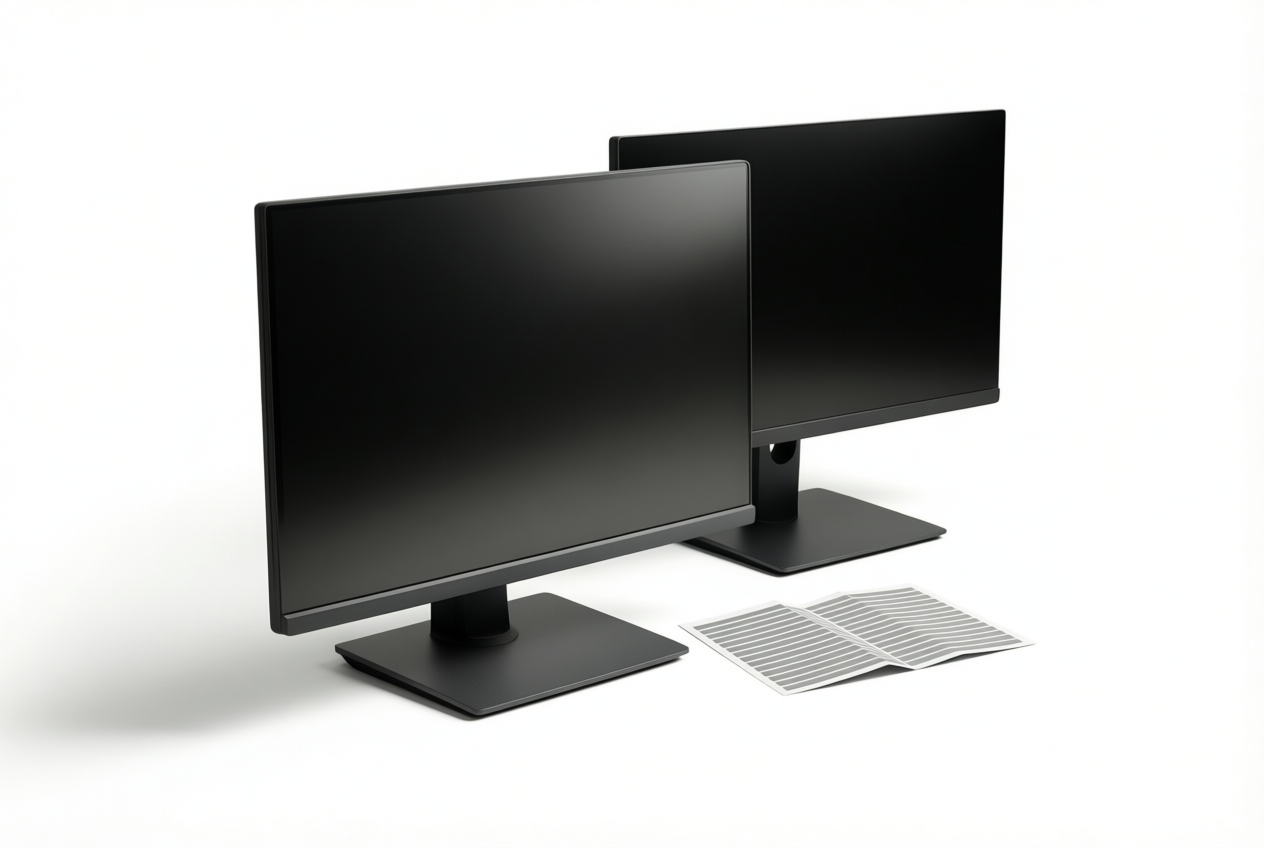 Two black gaming monitors sit side by side on a white surface with a spec sheet nearby.