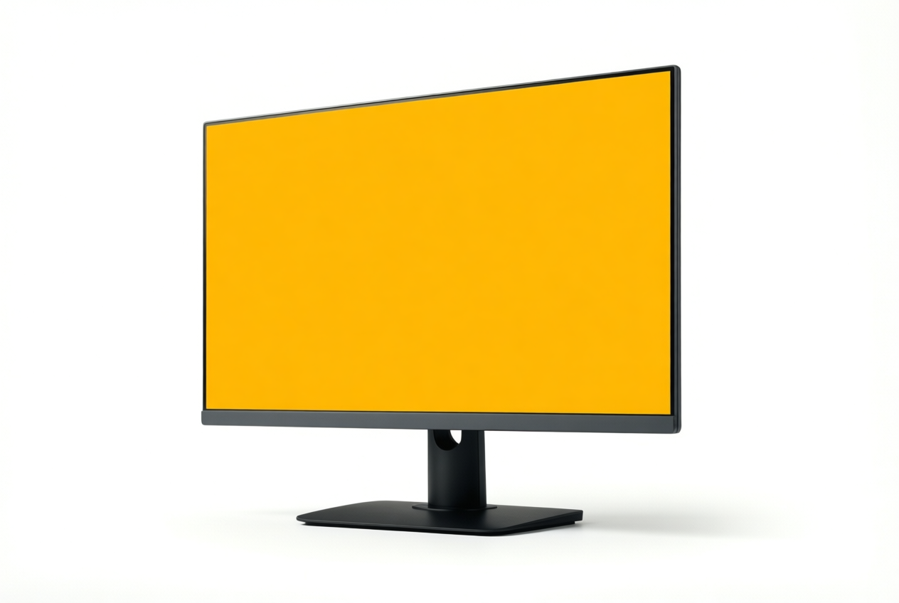 A dark grey computer monitor on a white background displays a solid yellow screen.
