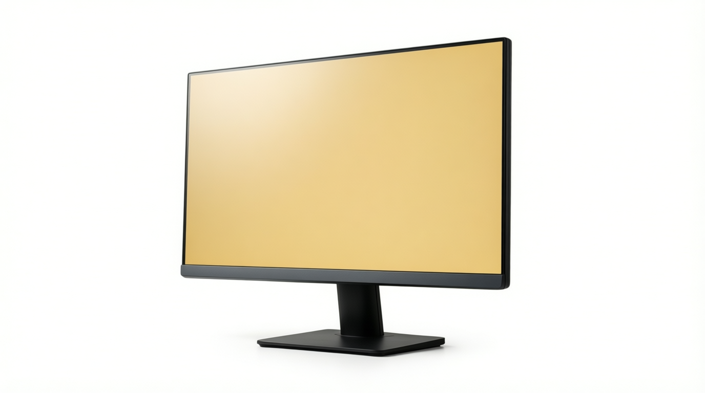 A matte dark grey computer monitor with a slim black stand displays a warm yellow-cream screen against a white background.