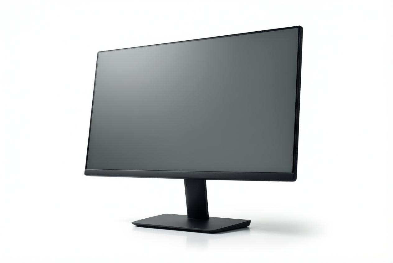 Matte black monitor on white background, displaying a neutral grey screen.