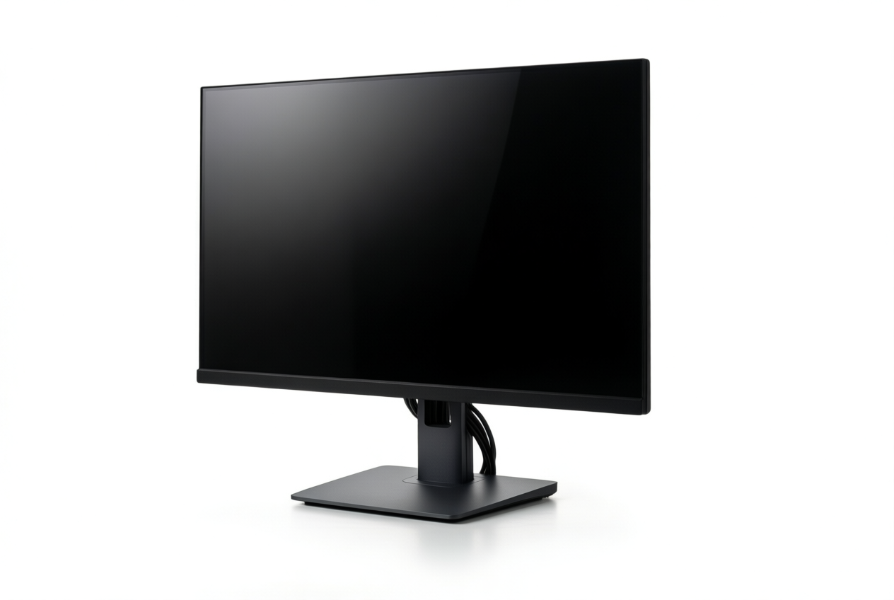 Slim matte black OLED monitor on a dark grey stand against a white background.