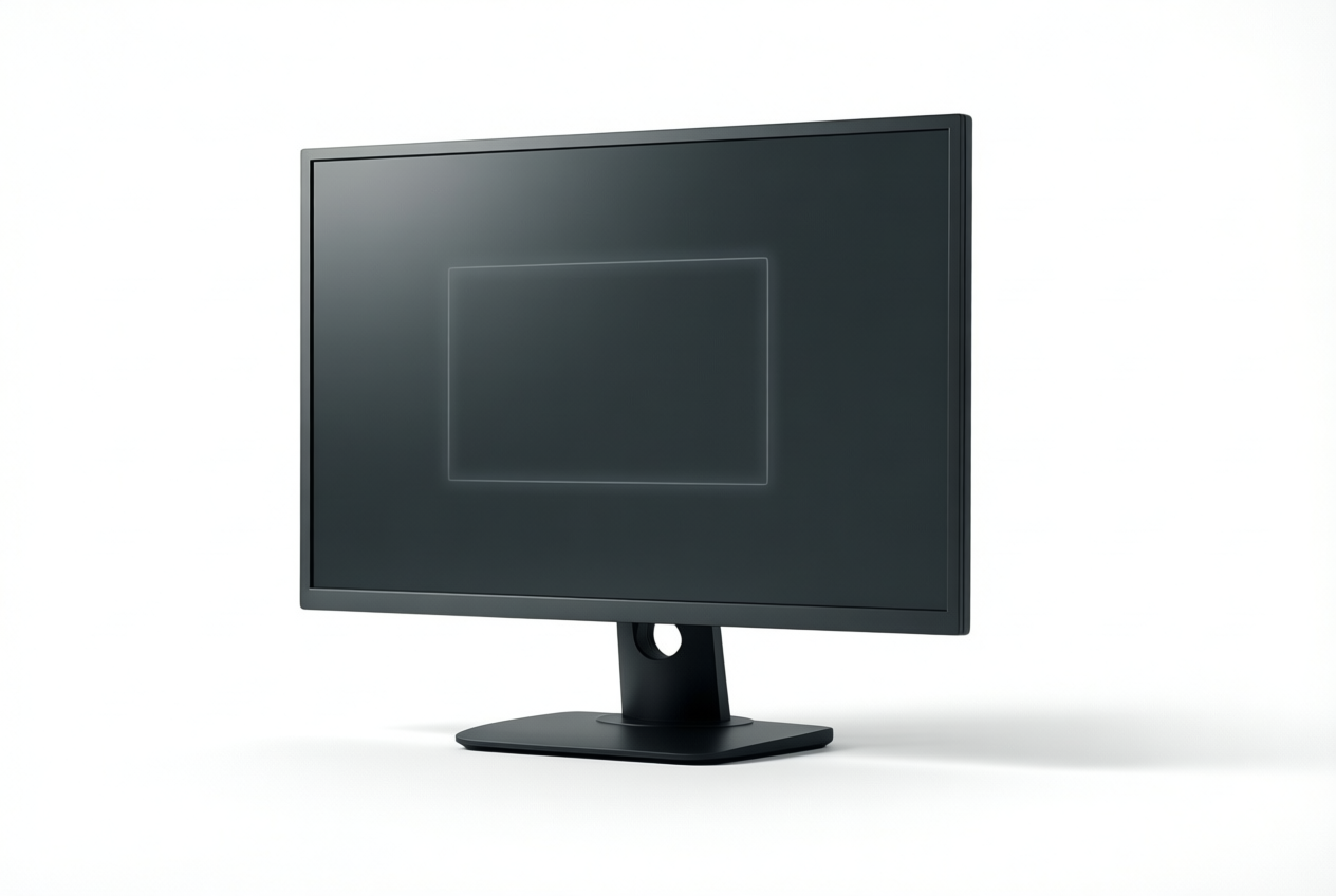 A dark grey computer monitor on a white background displays a faint ghost image.