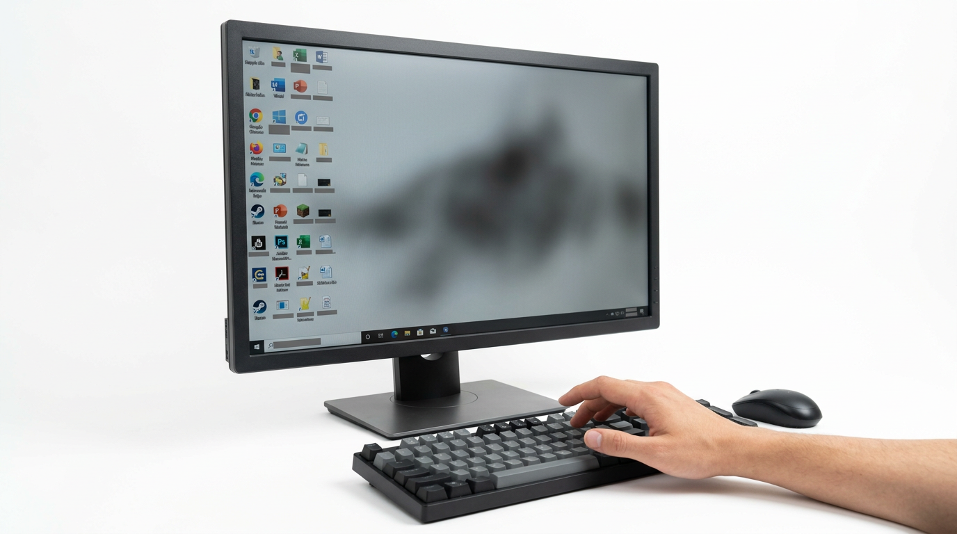 A dark grey computer monitor shows a blurry shadow on the screen, with a hand hovering near the keyboard against a white background.