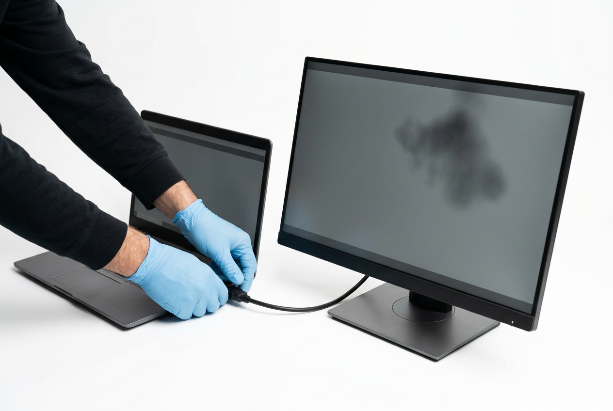 A technician connects a monitor to a laptop on a white background to check for screen shadow artifacts.