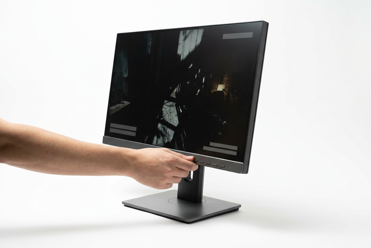 A person adjusts a matte dark grey monitor displaying a high-contrast game scene against a white background.