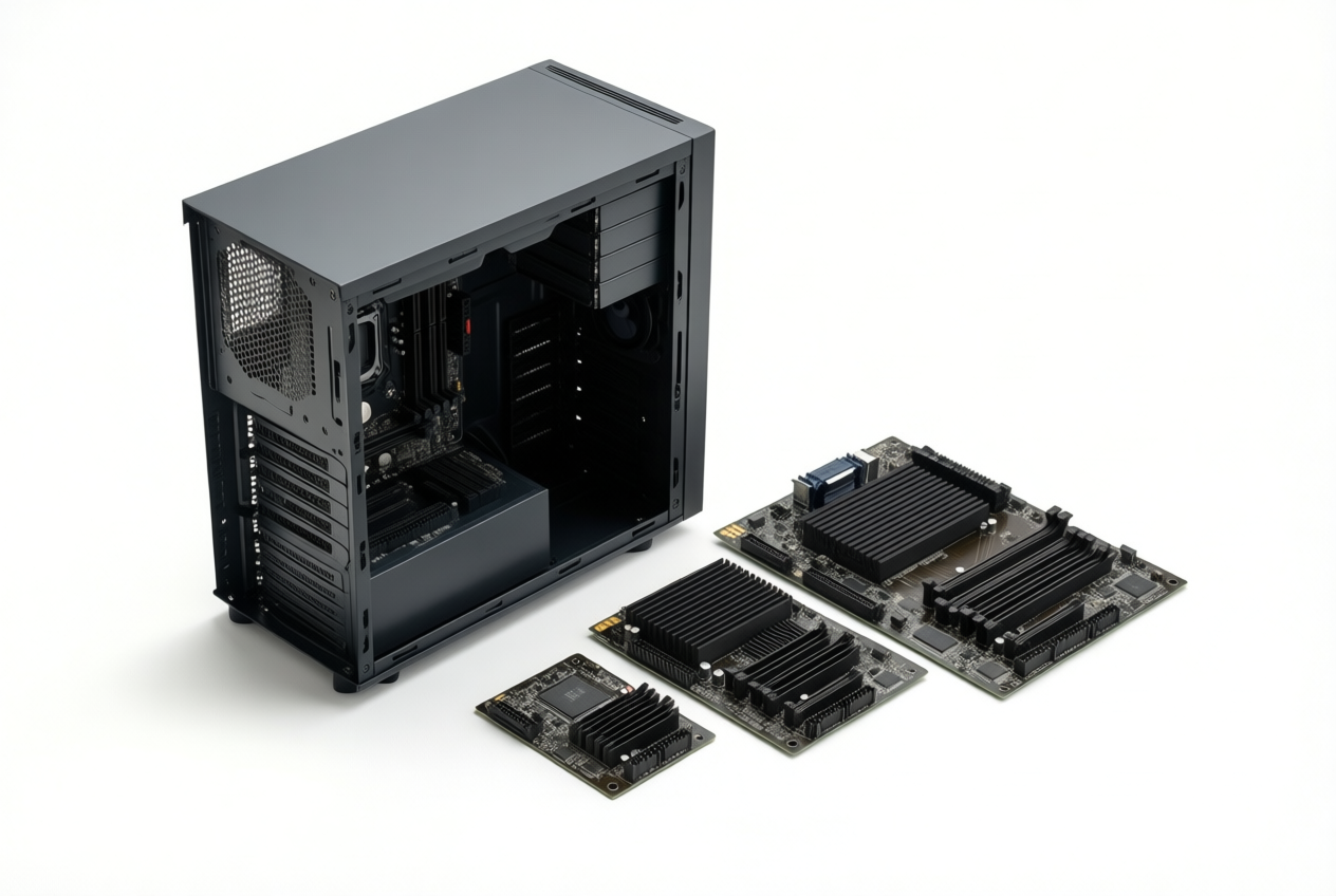 Dark grey PC case with empty motherboard tray sits beside three black motherboards of decreasing sizes on a white background.