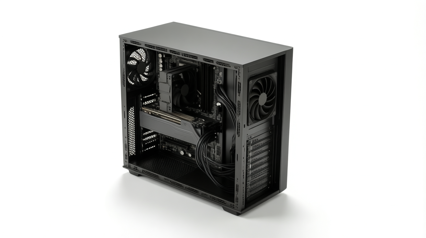 An open-frame black PC case on a white background, showing internal components like the motherboard and graphics card.