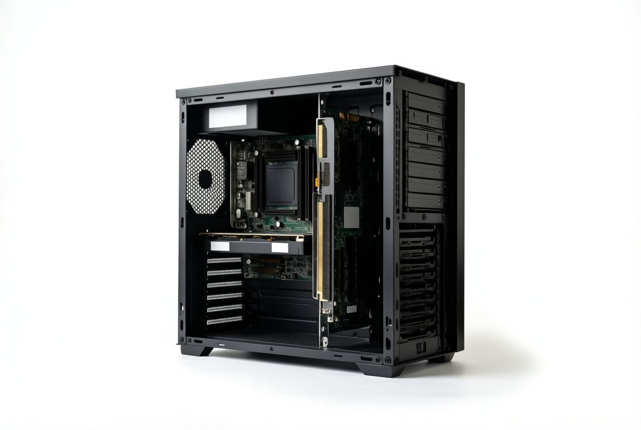 Open-frame PC case with exposed internals and a vertical graphics card on a white background.