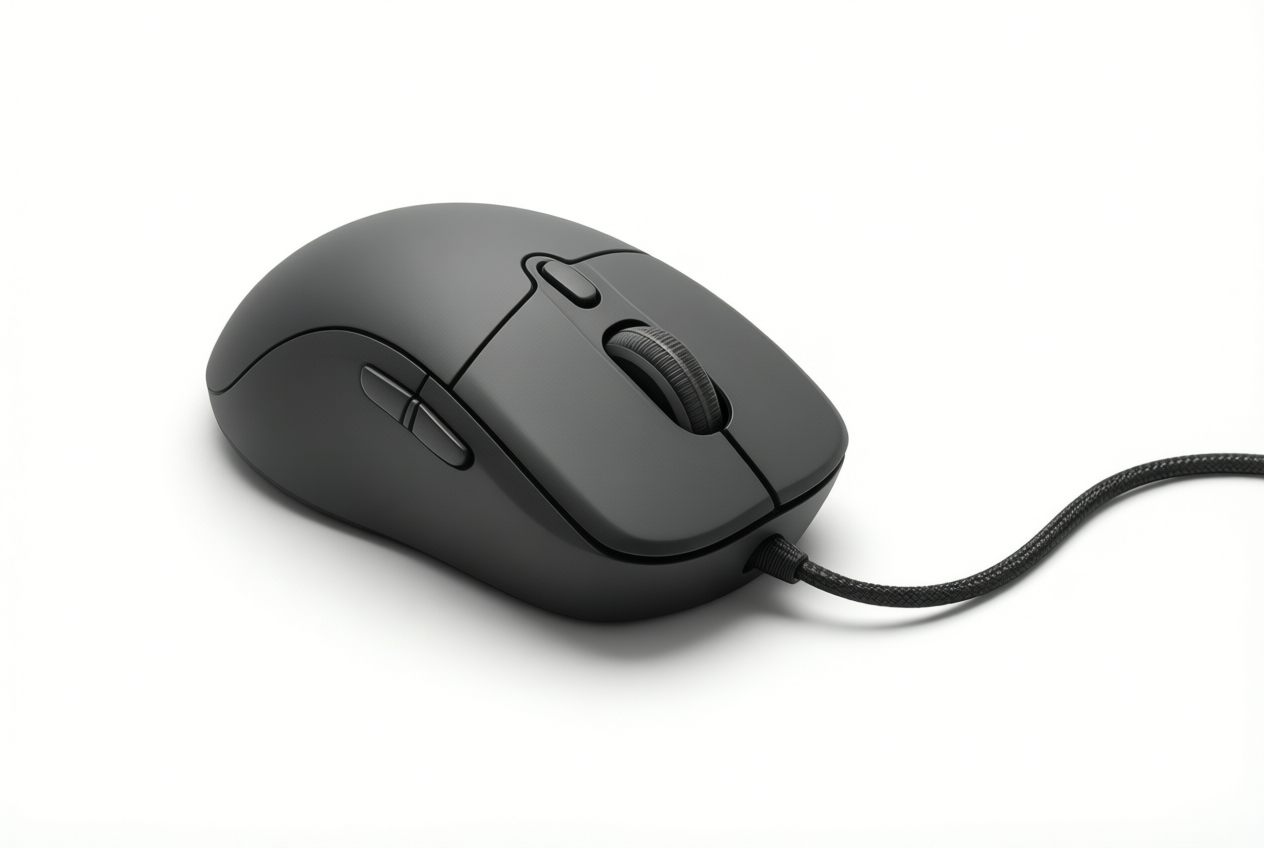 Matte black gaming mouse with side buttons and braided cable on white background