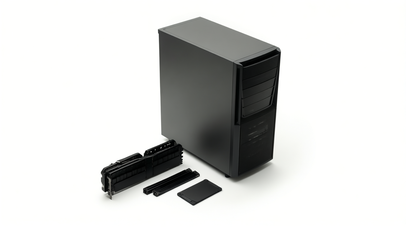 Dark grey gaming PC tower with separate graphics card, RAM sticks, and SSD on a white background.