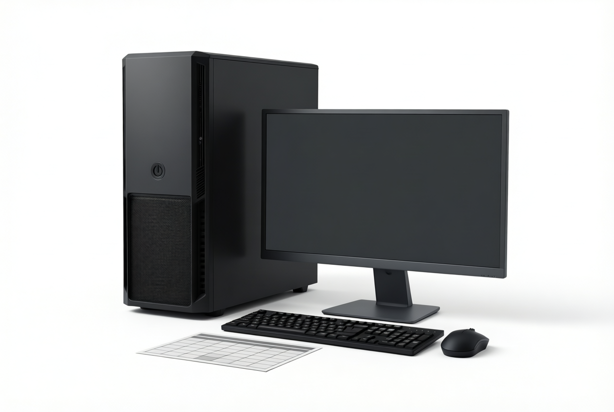 Matte black gaming PC tower on white background with monitor, keyboard, mouse, and grey calendar card.