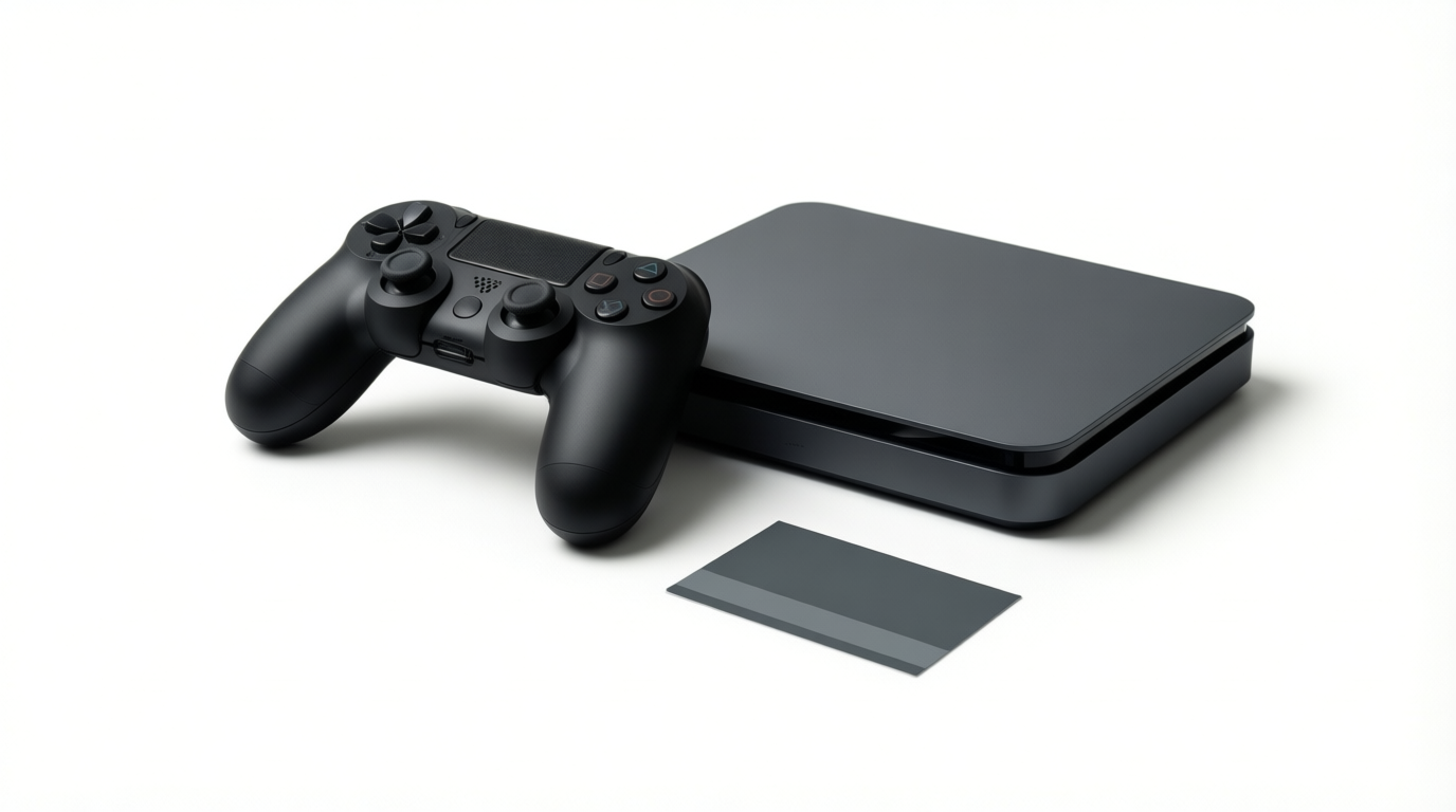 A matte black controller and grey console sit on a white background with a blank card.