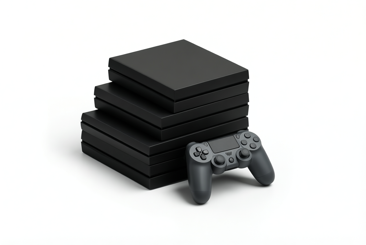 Three black game cases stacked in rising heights with a grey controller in front on a white background.