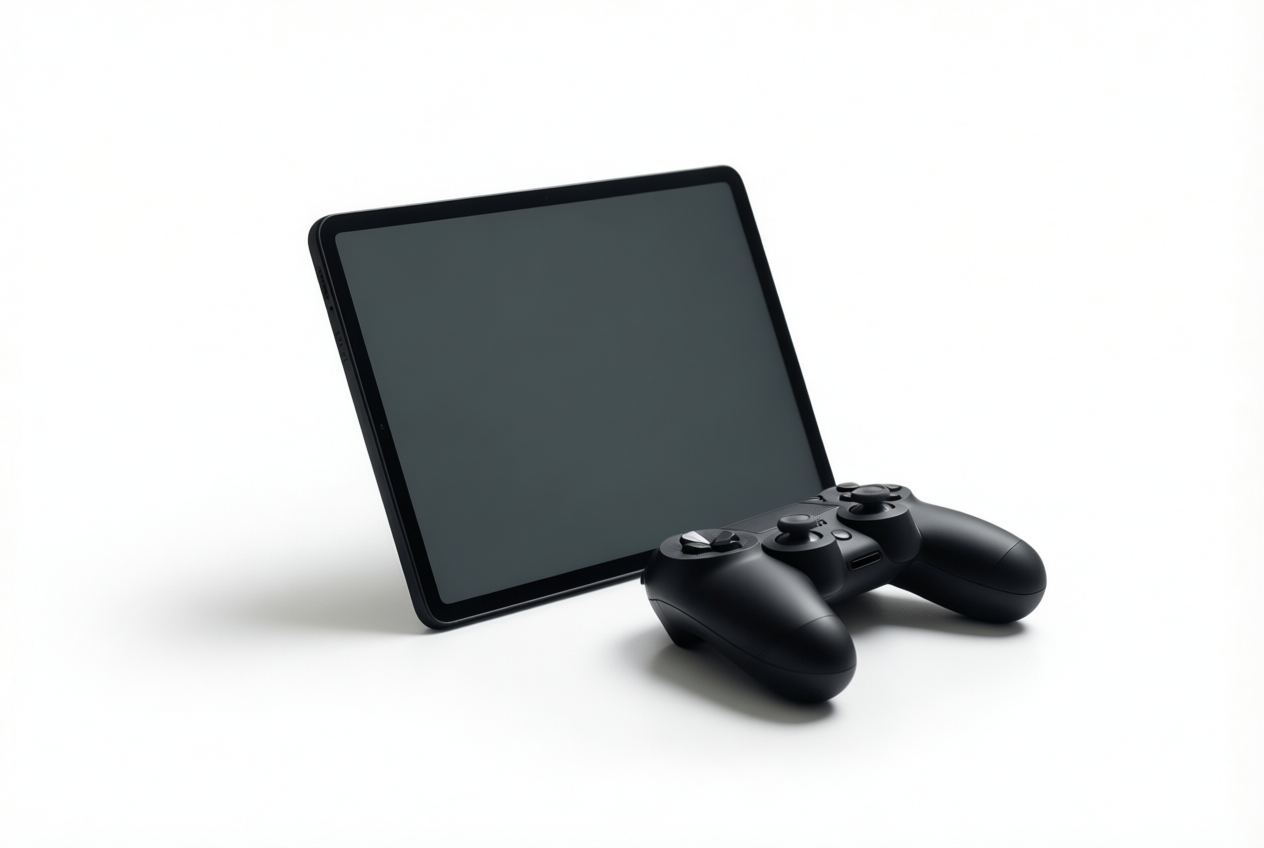 Matte black tablet and wireless controller on white background