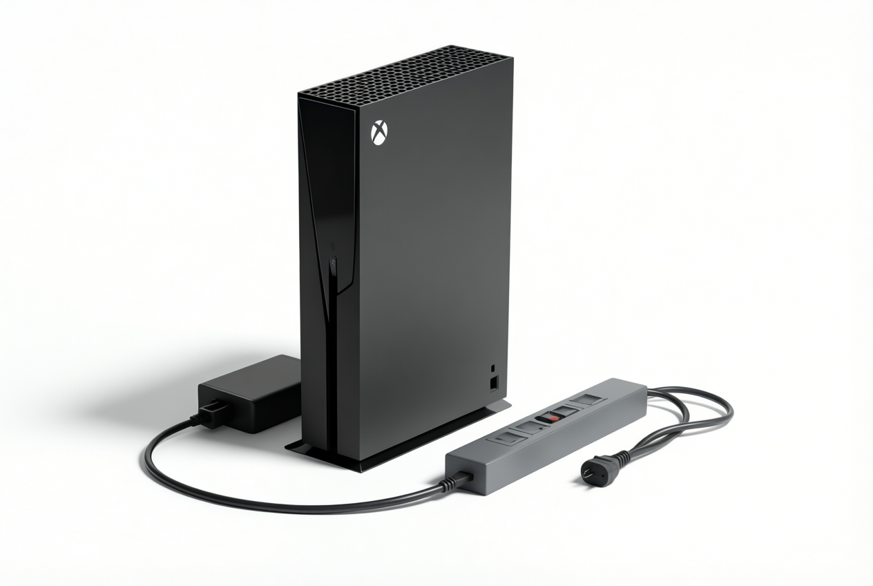 Black Xbox One console upright on white with power brick and disconnected plug nearby.