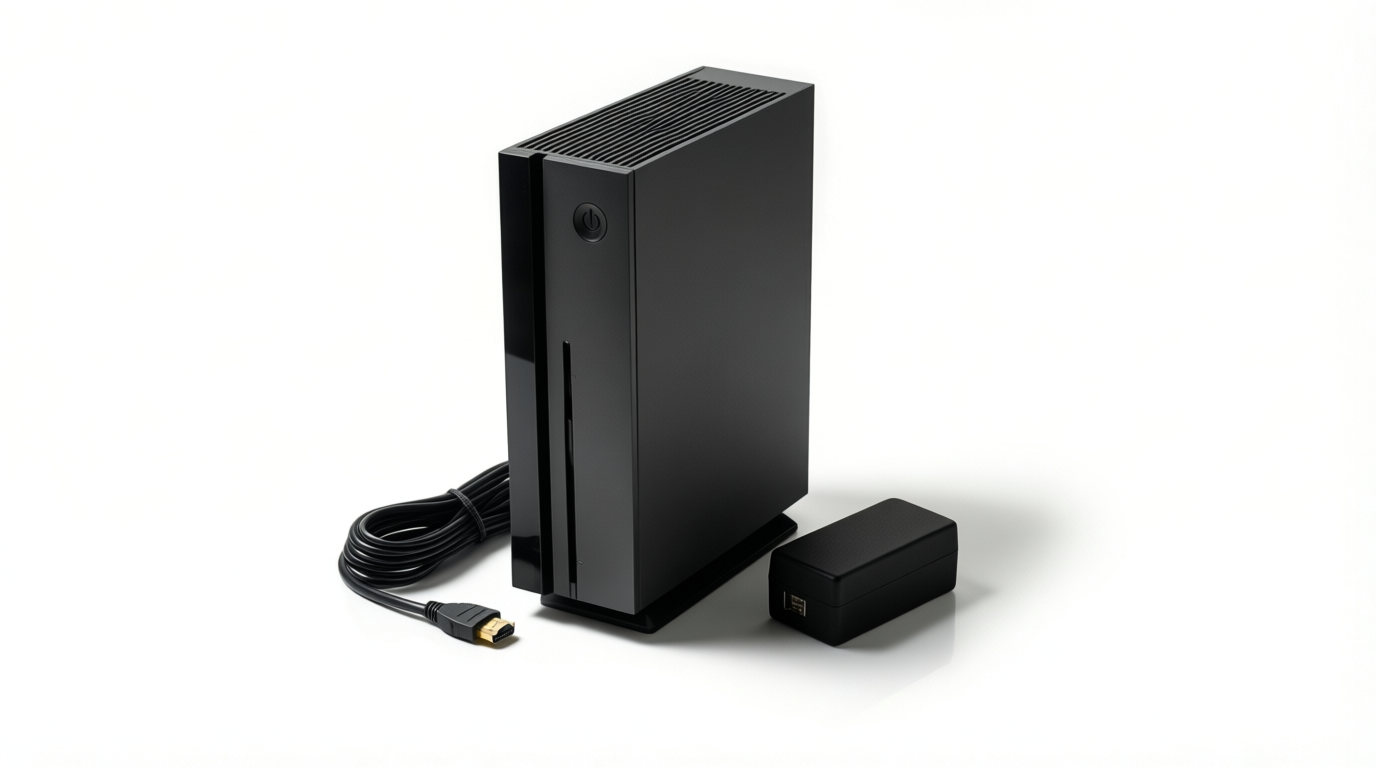 A matte black game console stands upright on a white surface next to its HDMI cable and power brick.